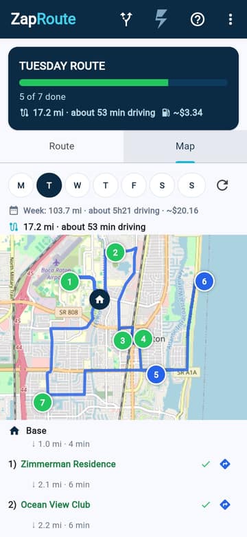 Route map with numbered pins and the real driving path