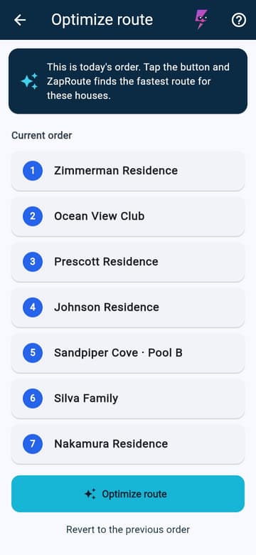 Optimize route: today's order, one button, revert